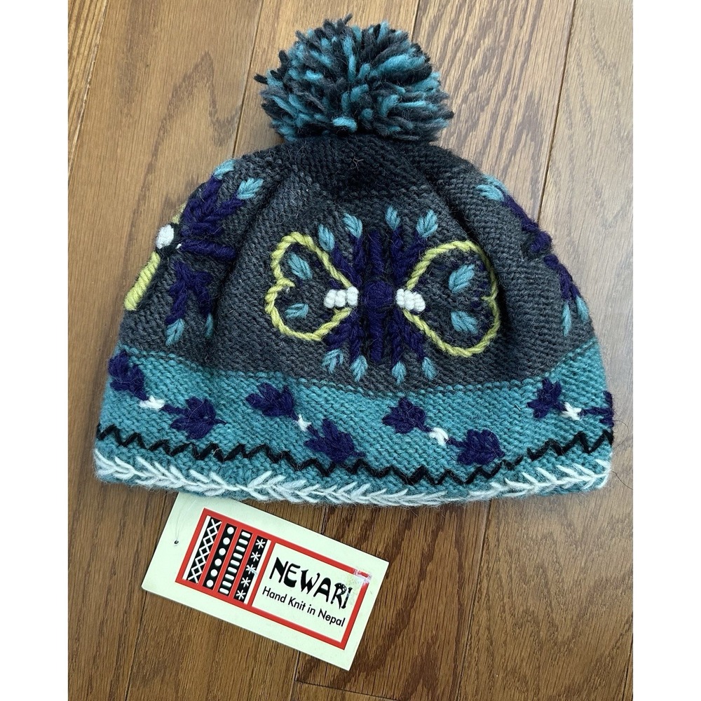 Newari Hand Knit Nepal Wool Blend Hat Gray Teal Purple  Pom Pom Adult One Size